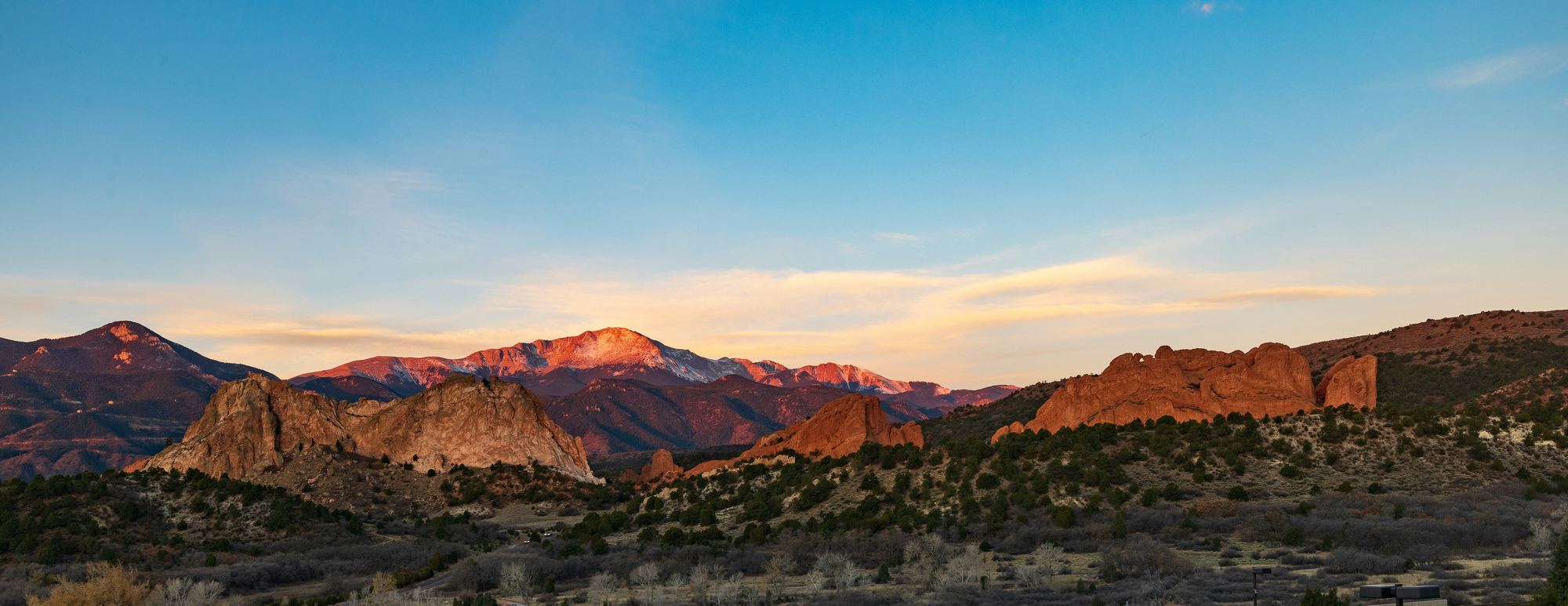 Sunrise on Pikes Peak above Garden of the Gods in Colorado Springs
